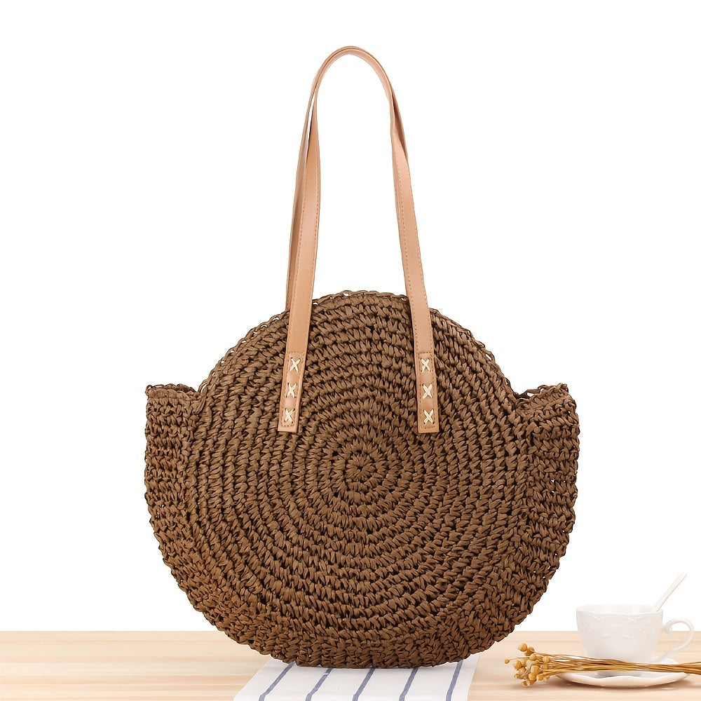 Hollow-Out Straw Handbag - Fashion Woven Round Beach Large Capacity Bag