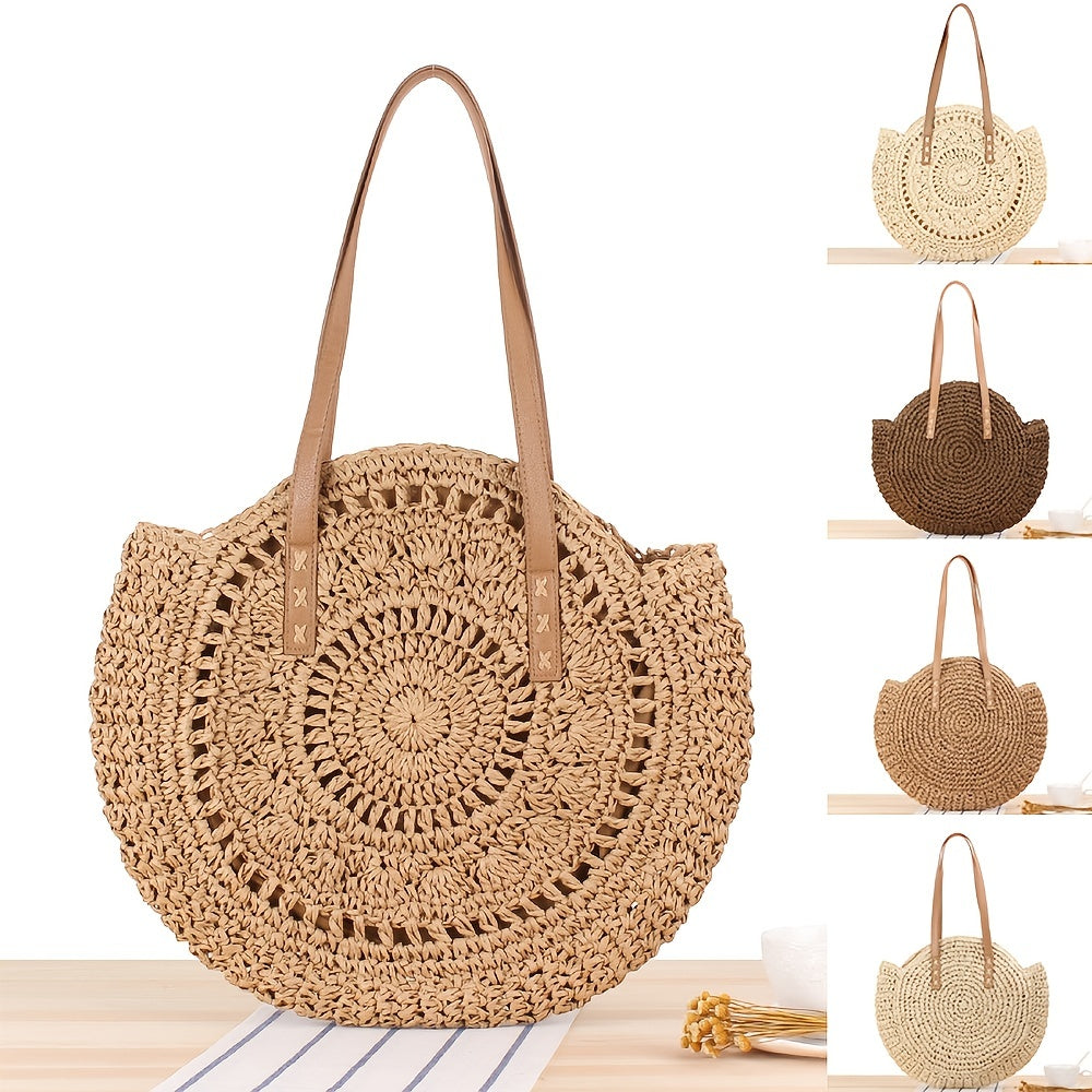 Hollow-Out Straw Handbag - Fashion Woven Round Beach Large Capacity Bag