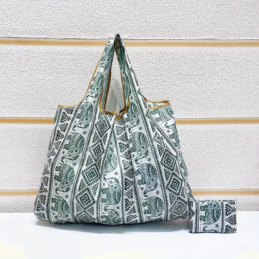 Retro Elephant Pattern Shoulder Bag - Lightweight Multifunctional Foldable Shopping Handbag
