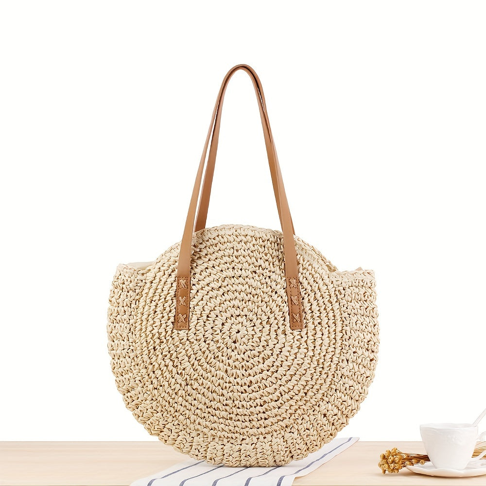 Hollow-Out Straw Handbag - Fashion Woven Round Beach Large Capacity Bag